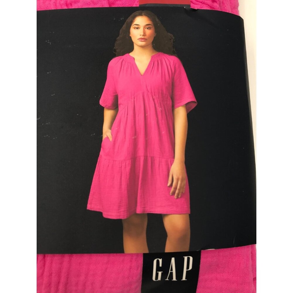 GAP Womens Pink Gauze Dress XL Short Sleeve Tiered Cotton Crinkle Mini V-Neck - Picture 2 of 6